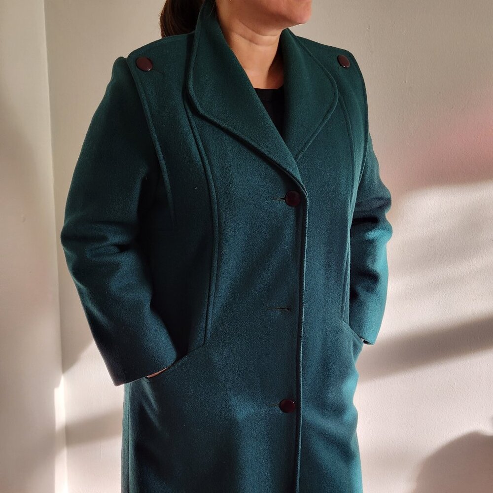 Vintage Canadian Wool Blend Long Coat — Forest Teal Green — Size 11-12